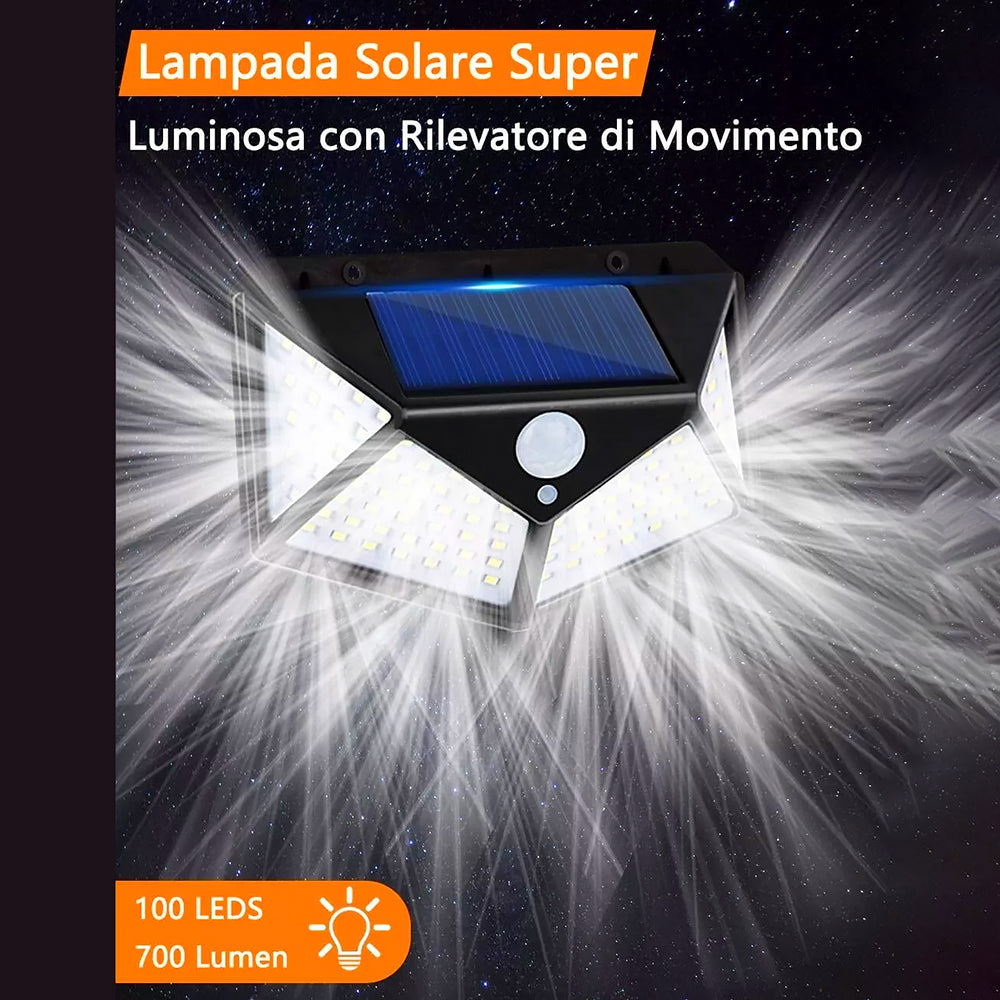 Faretto LED Lampada con Pannello Solare Sensore di Movimento Luce Bianca 100LED