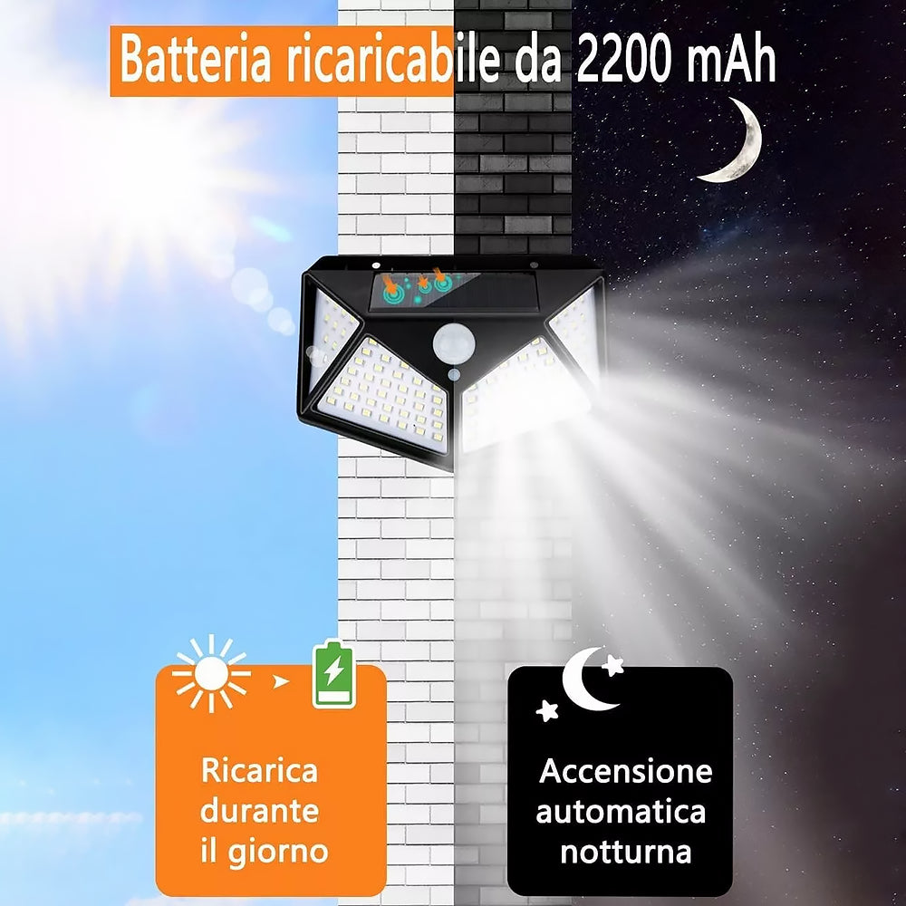 Faretto LED Lampada con Pannello Solare Sensore di Movimento Luce Bianca 100LED