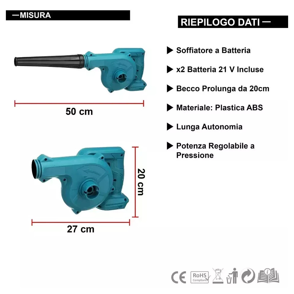 Soffiatore a Doppia Batteria 48/88V Velocità Regolabile Doppia Batteria 165/300 watt