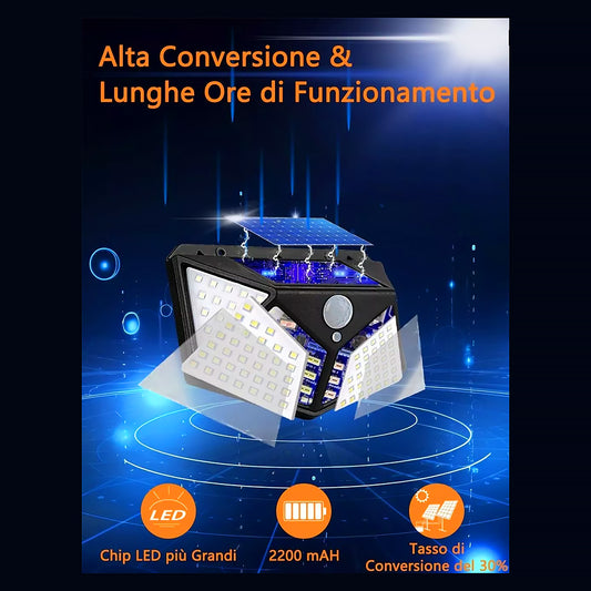 Faretto LED Lampada con Pannello Solare Sensore di Movimento Luce Bianca 100LED